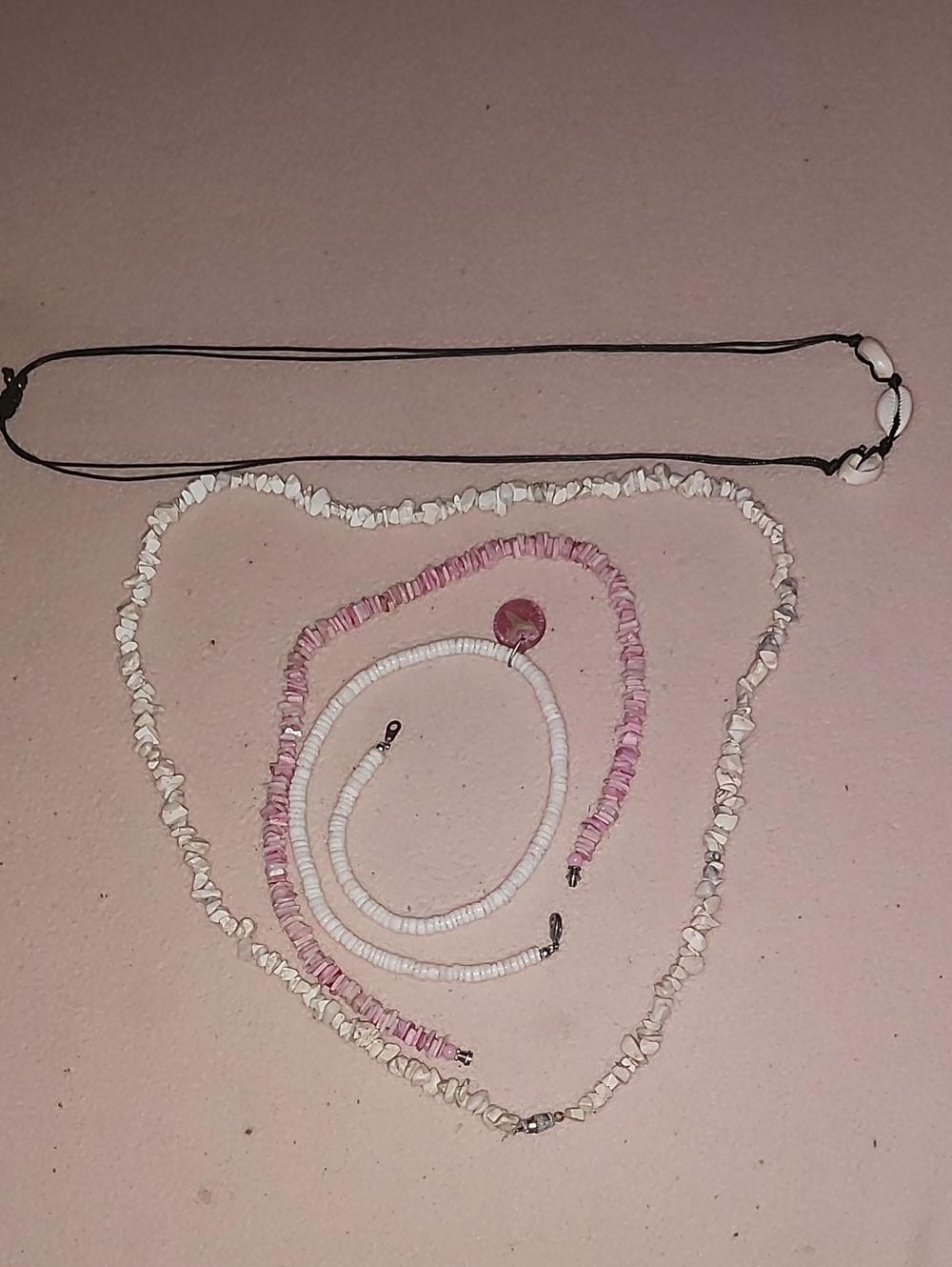 Handmade Pretty Pink & White Shell Bead Necklace Set, Natural  , Shark Tooth
